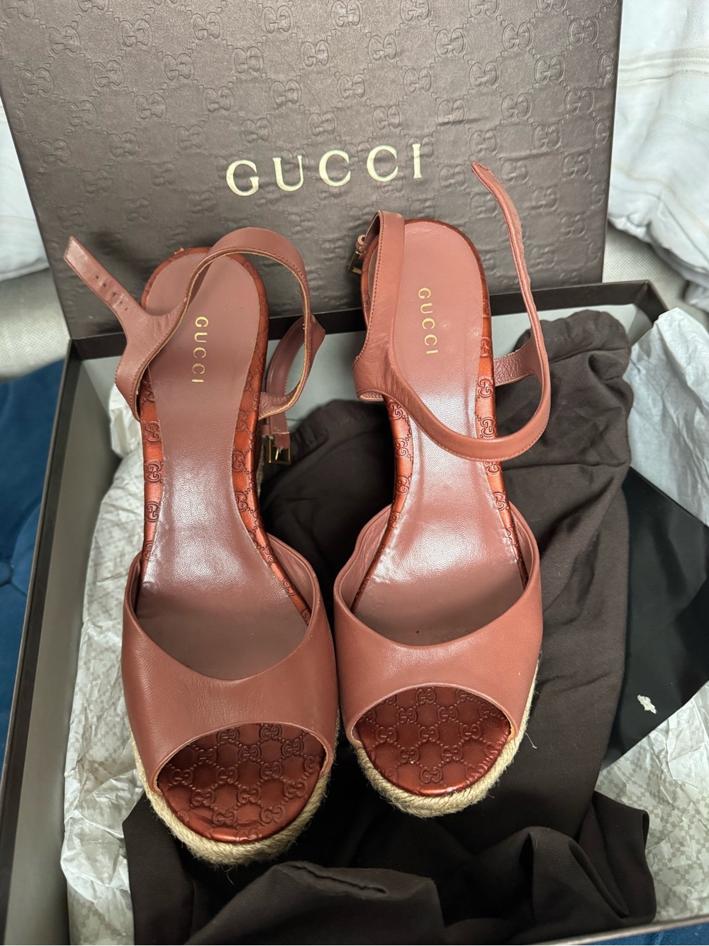 Gucci Tan Brown Leather Espadrille Wedge Sandals